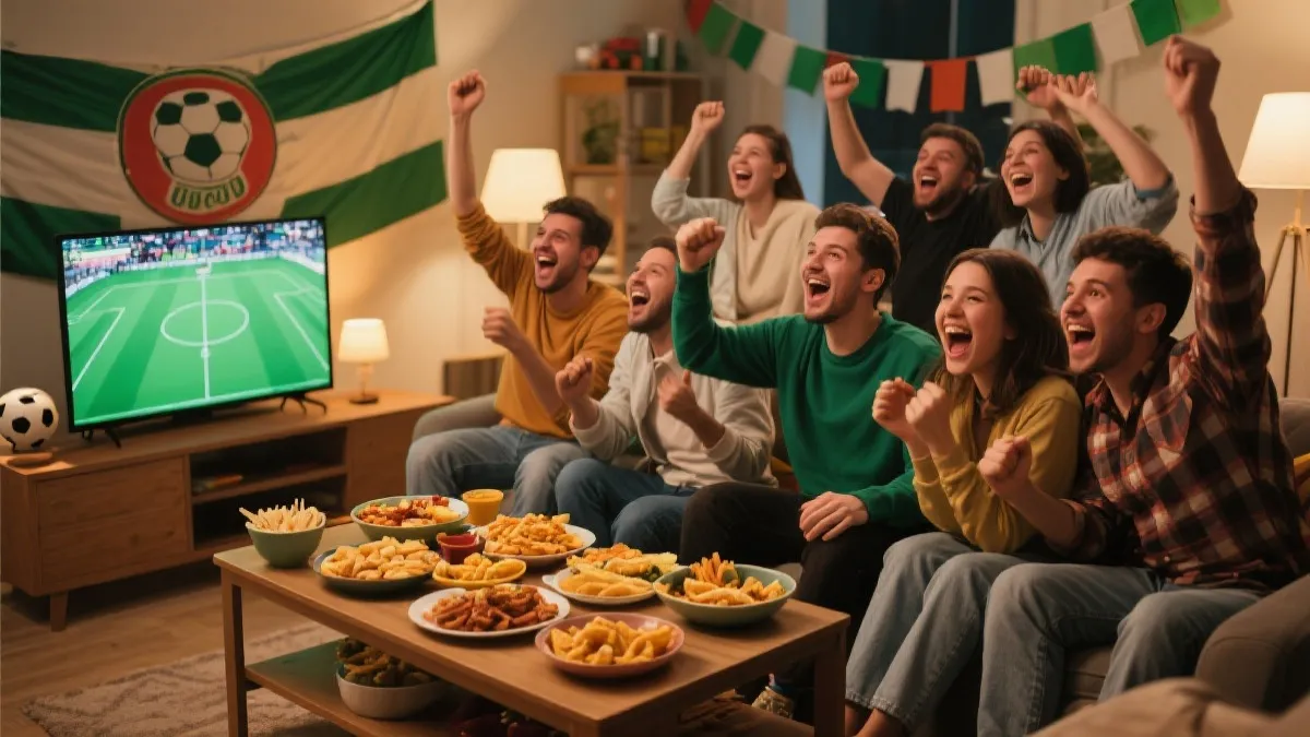 朋友在客厅或本地观赛空间围坐看球，桌上有比赛日小食与主题装饰，沉浸式世界杯观赛氛围