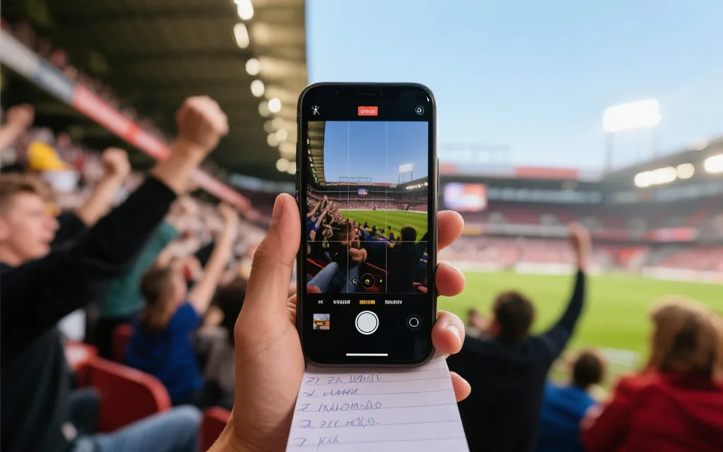 手机竖屏拍摄球迷看台，字幕与分镜规划的创作场景